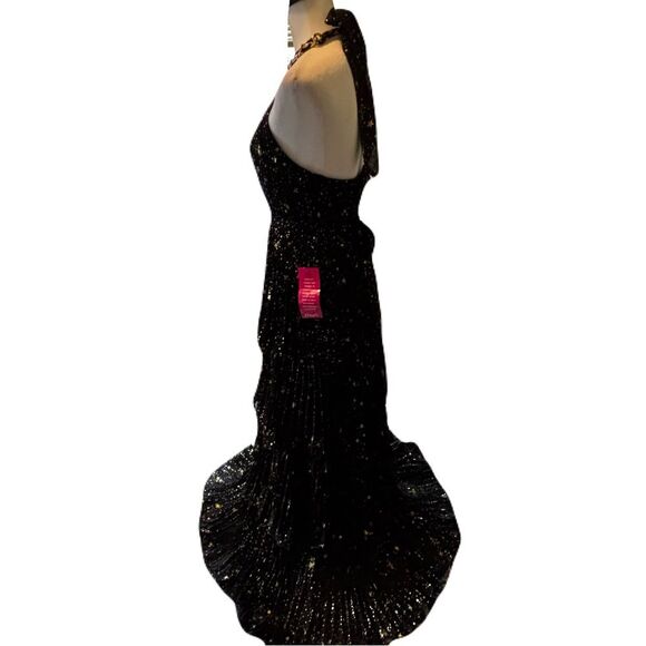 NWT Alex Marie Black and Gold Tiered Pleated Halter Maxi Dress – Size 4 - Picture 6 of 13
